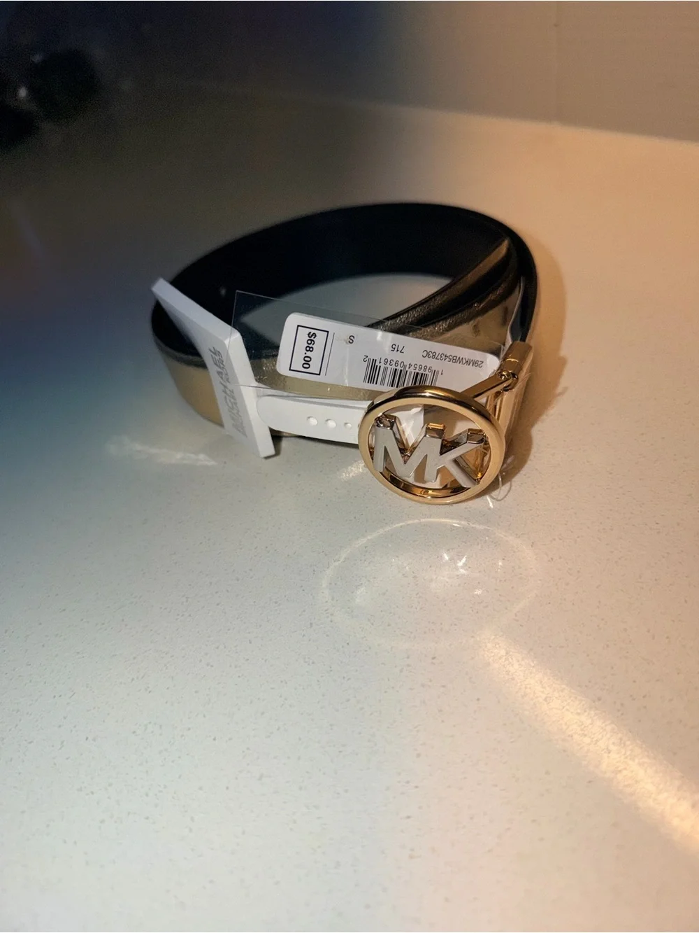 Michael Kors gold  Leather Belt with Gold and silver MK Round Buckle
